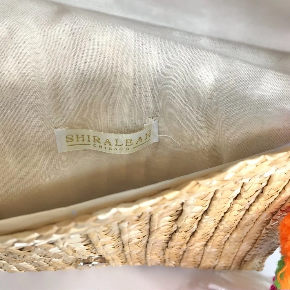 SHIRALEAH Woven Rainbow Tassel & Pompom Envelope Purse Bag YOLO Clutch Natural